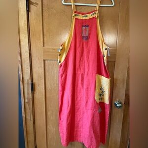 Blue Cactus Red Linen Dress with Yellow Accents
